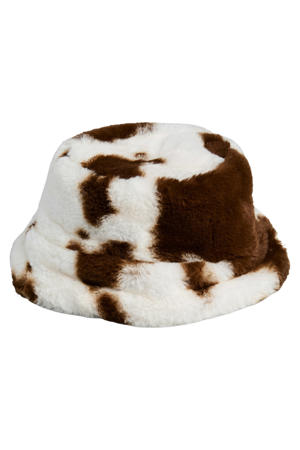 bucket hat PCJEANEL met koeienprint ecru/bruin