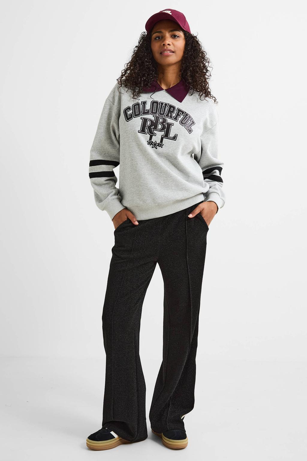 Grijs melange dames Colourful Rebel sweater melange van katoen met logo dessin, lange mouwen en glitters