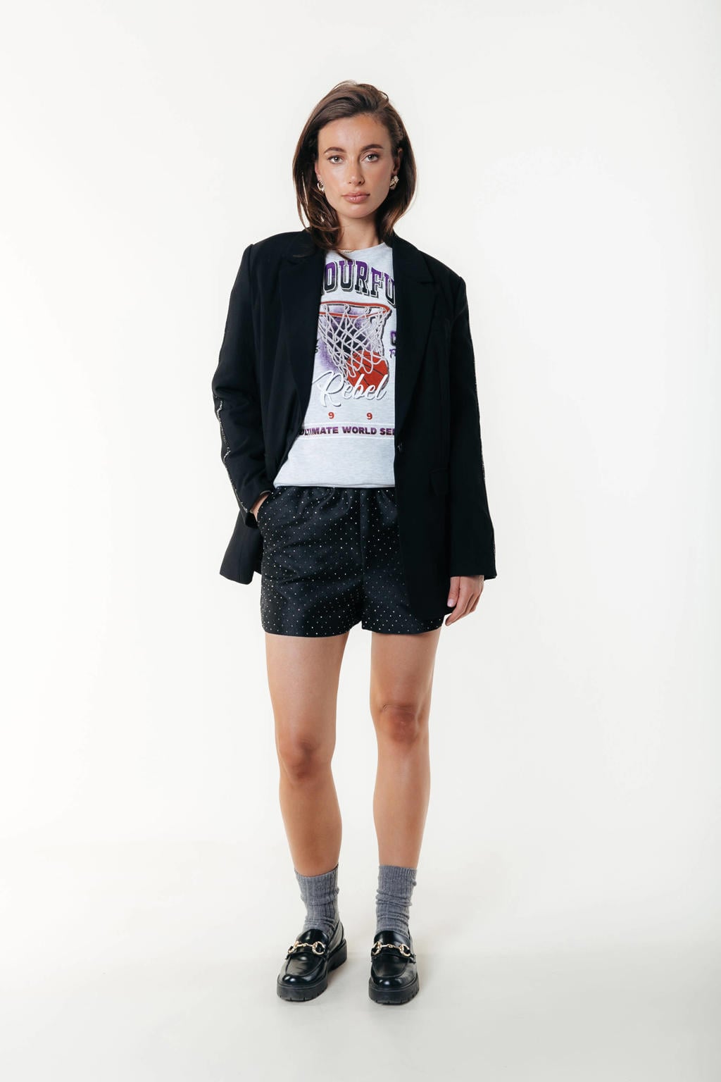 Zwarte dames Colourful Rebel regular waist casual short van polyester met elastische tailleband en logo dessin