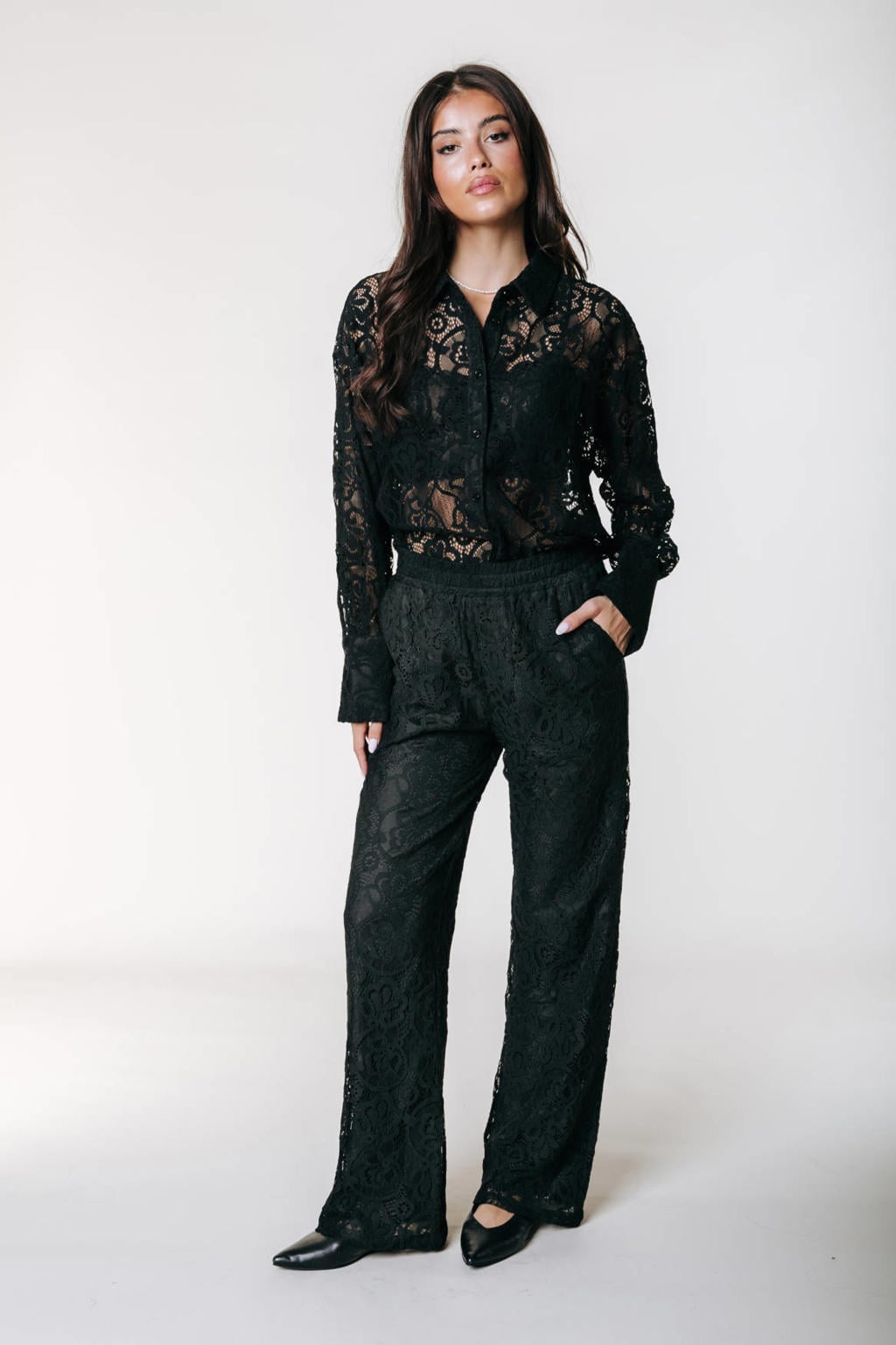 Zwarte dames Colourful Rebel kanten wide leg broek met effen