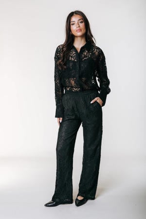 kanten wide leg broek zwart