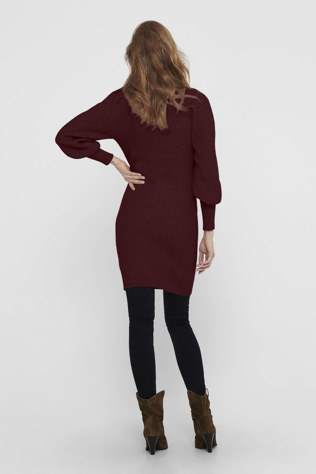 Donkerrode dames ONLY jurk rib gebreid van viscose met effen, lange mouwen, opstaande kraag en plooien