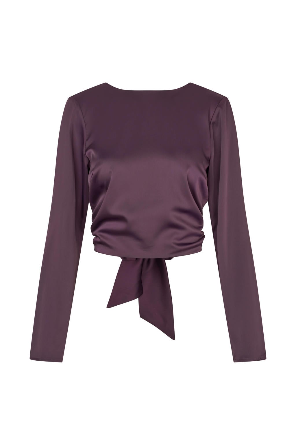 Donkerpaarse dames Modström satijnen top van polyester met effen, lange mouwen, ronde hals en striksluiting