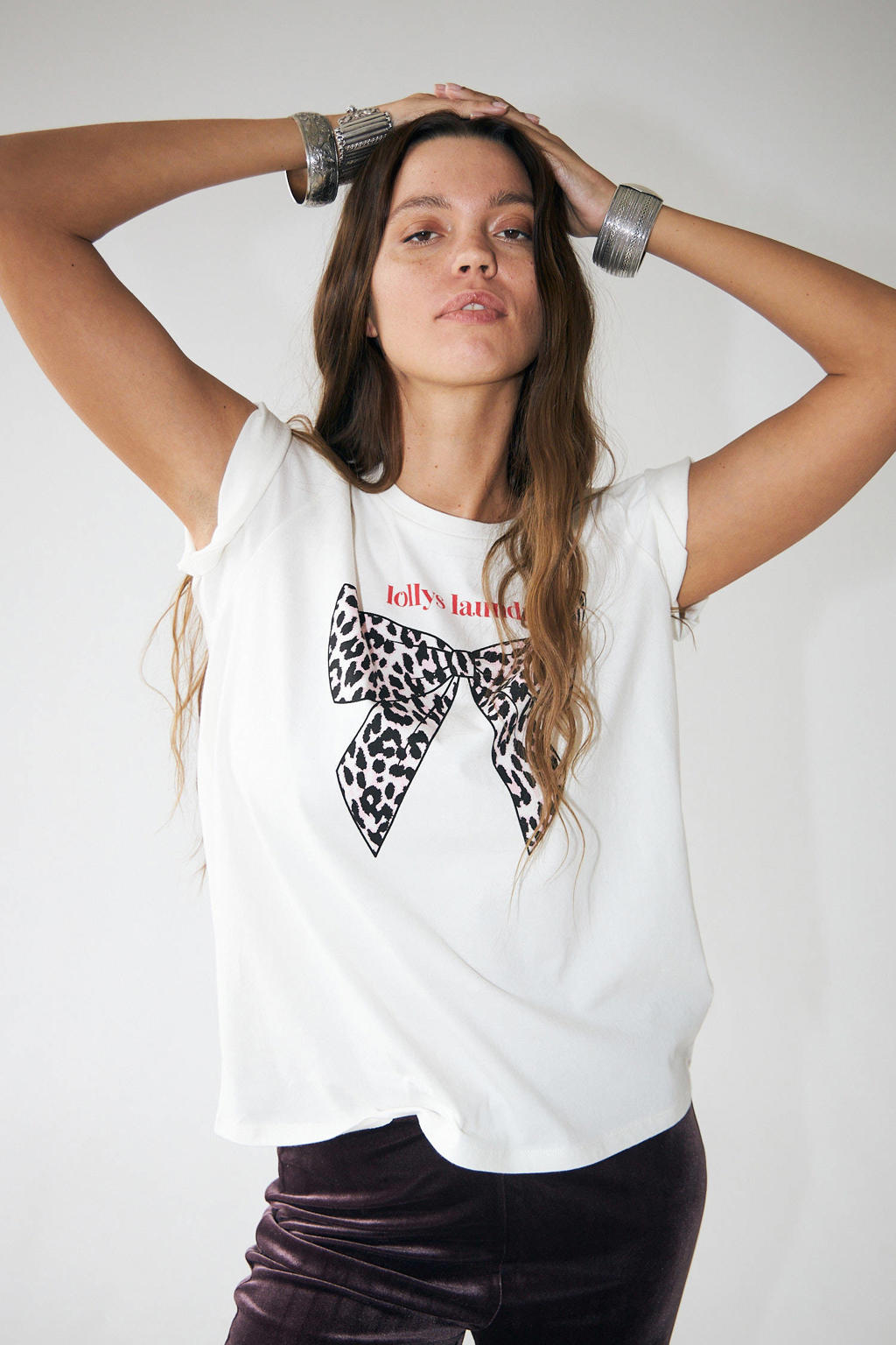 Wit, bruin en rode dames Lollys Laundry T-shirt van katoen met grafische print, korte mouwen en ronde hals