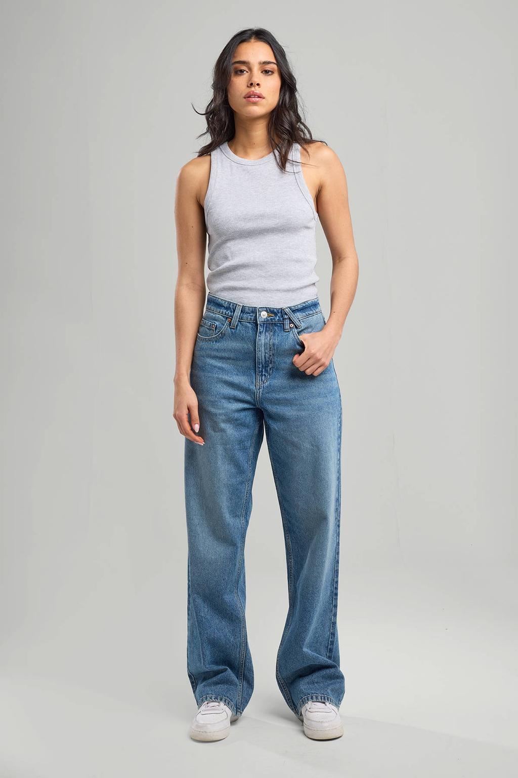 Medium blue denim dames America Today Straight leg jeans van denim met rits- en knoopsluiting en effen