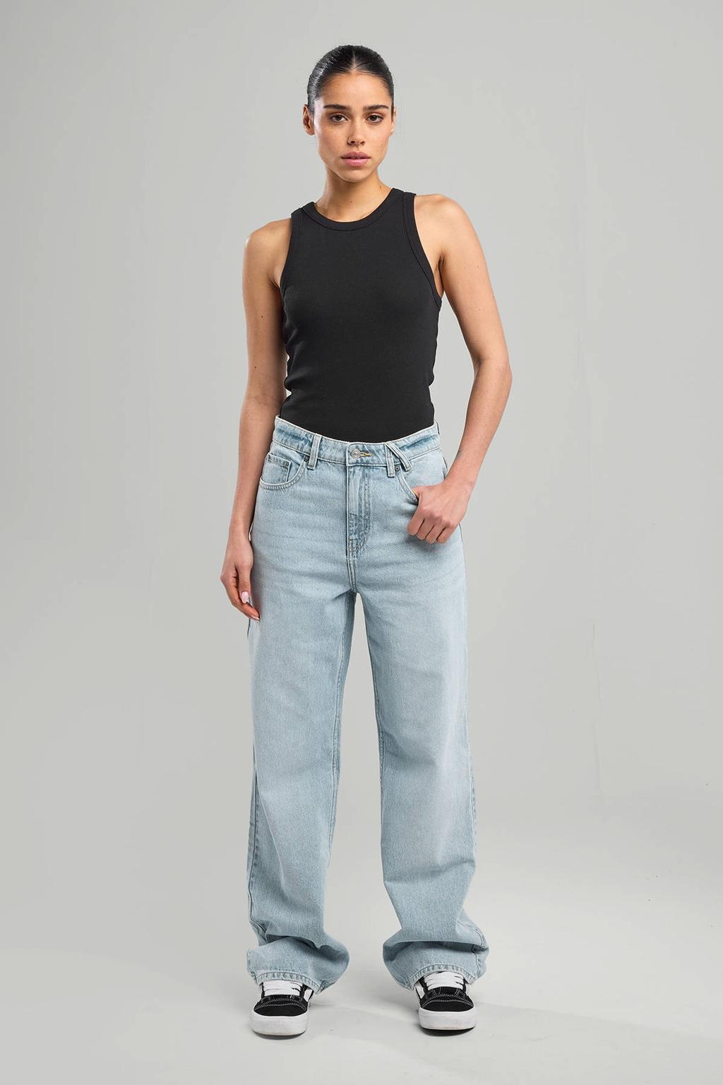 Light blue denim dames America Today Straight leg jeans van denim met rits- en knoopsluiting en effen