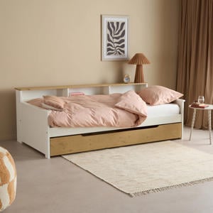 Kinder-/eenpersoonsbed 90x200 Cm Met Leeslamp USB Type C, Houten Bed Met 3 Opbergladen Wit Zonder Matras Kinder-/eenpersoonsbed 90x200 Cm Met Leeslamp USB Type C, Houten Bed Met 3 Opbergladen Wit Zonder Matras