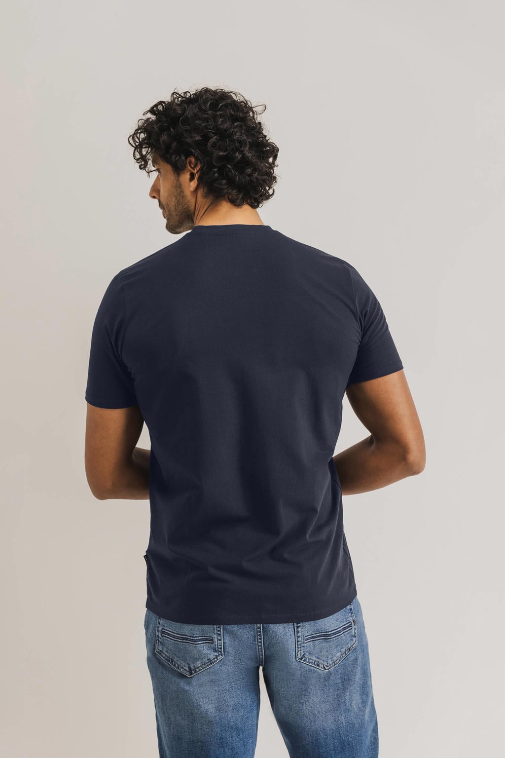 Donkerblauwe heren State of Art regular T-shirt van katoen met effen, korte mouwen en ronde hals
