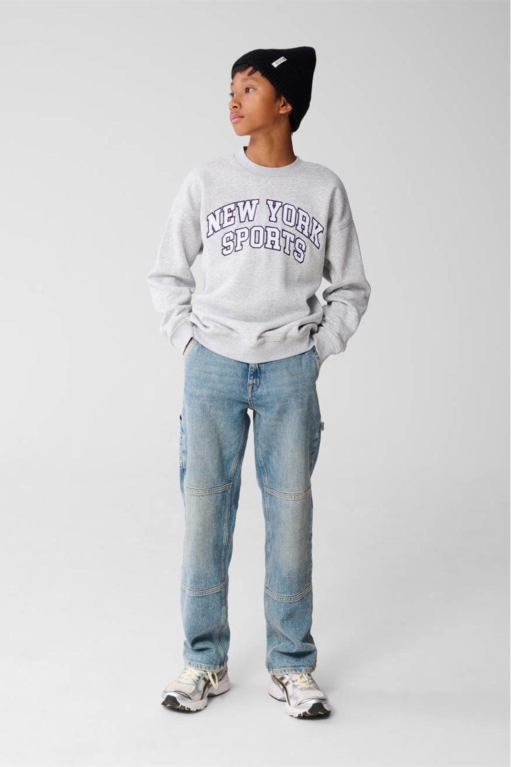 Grijze jongens Shoeby sweater van katoen met tekst print, lange mouwen en ronde hals