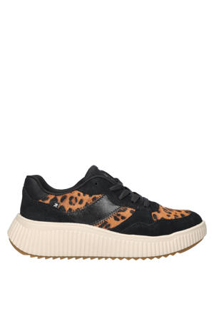 chunky sneakers met panterprint zwart/cognac