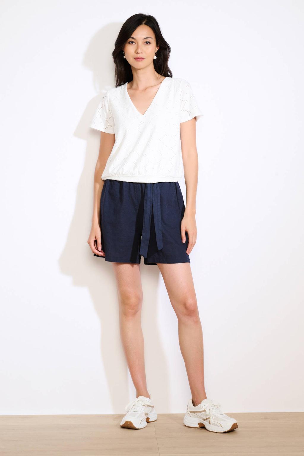 Witte dames LOLALIZA T-shirt broderie van polyester met effen, korte mouwen en ronde hals