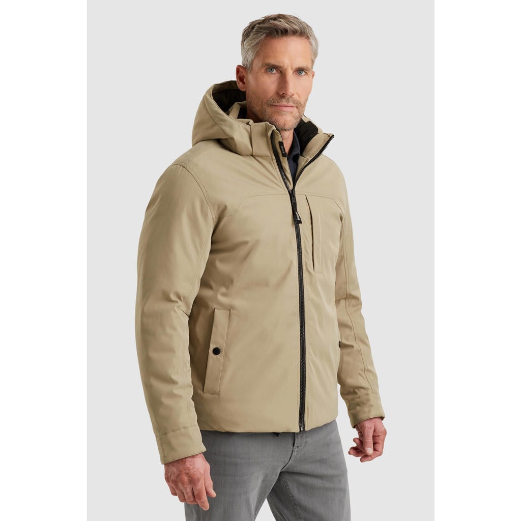 Beige heren Vanguard winterjas met effen, lange mouwen, capuchon en rits met windvanger