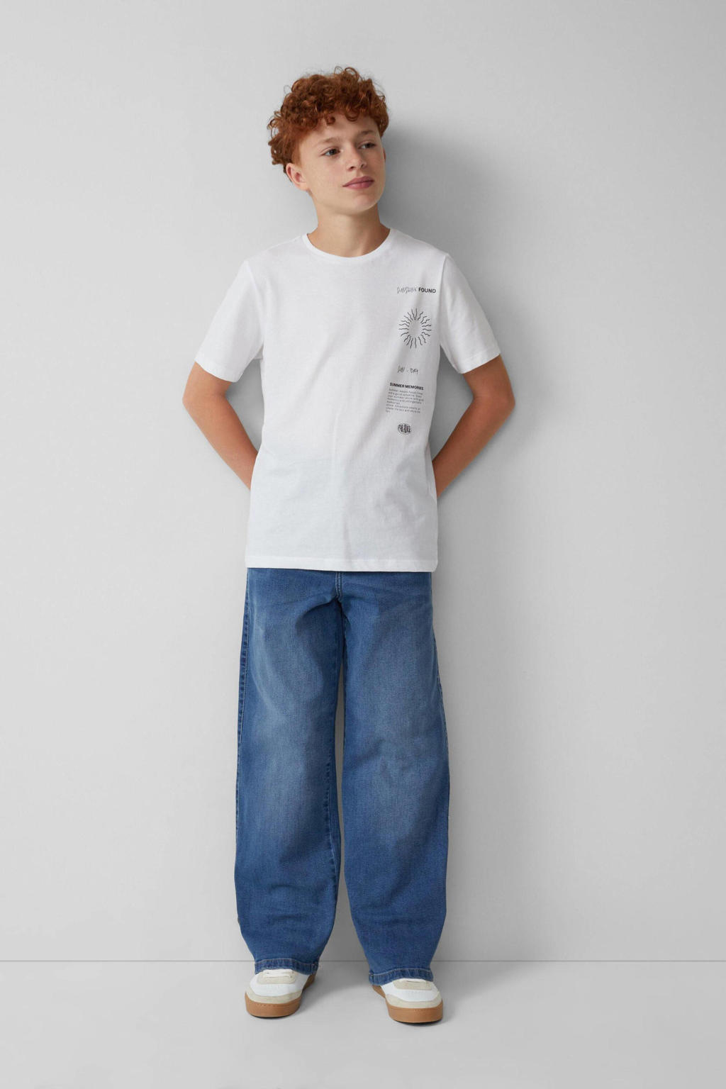 Medium blue denim jongens s.Oliver baggy waist wide leg jeans van denim met rits- en knoopsluiting en effen