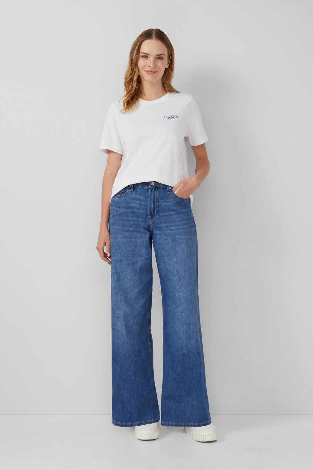 Blauwe dames s.Oliver wide leg jeans van denim met rits- en knoopsluiting en effen