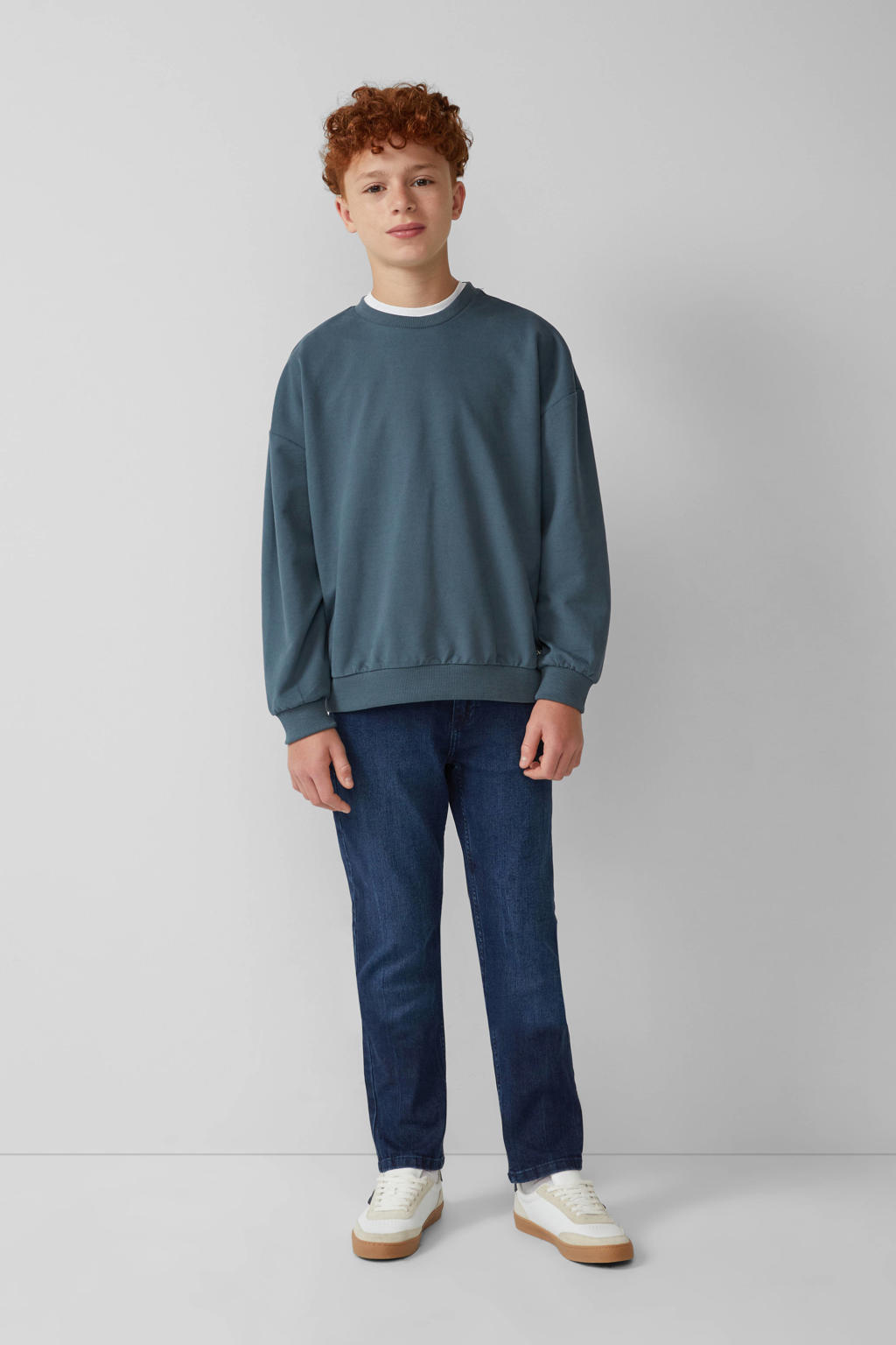 Blauwe jongens s.Oliver sweater met effen, lange mouwen en ronde hals