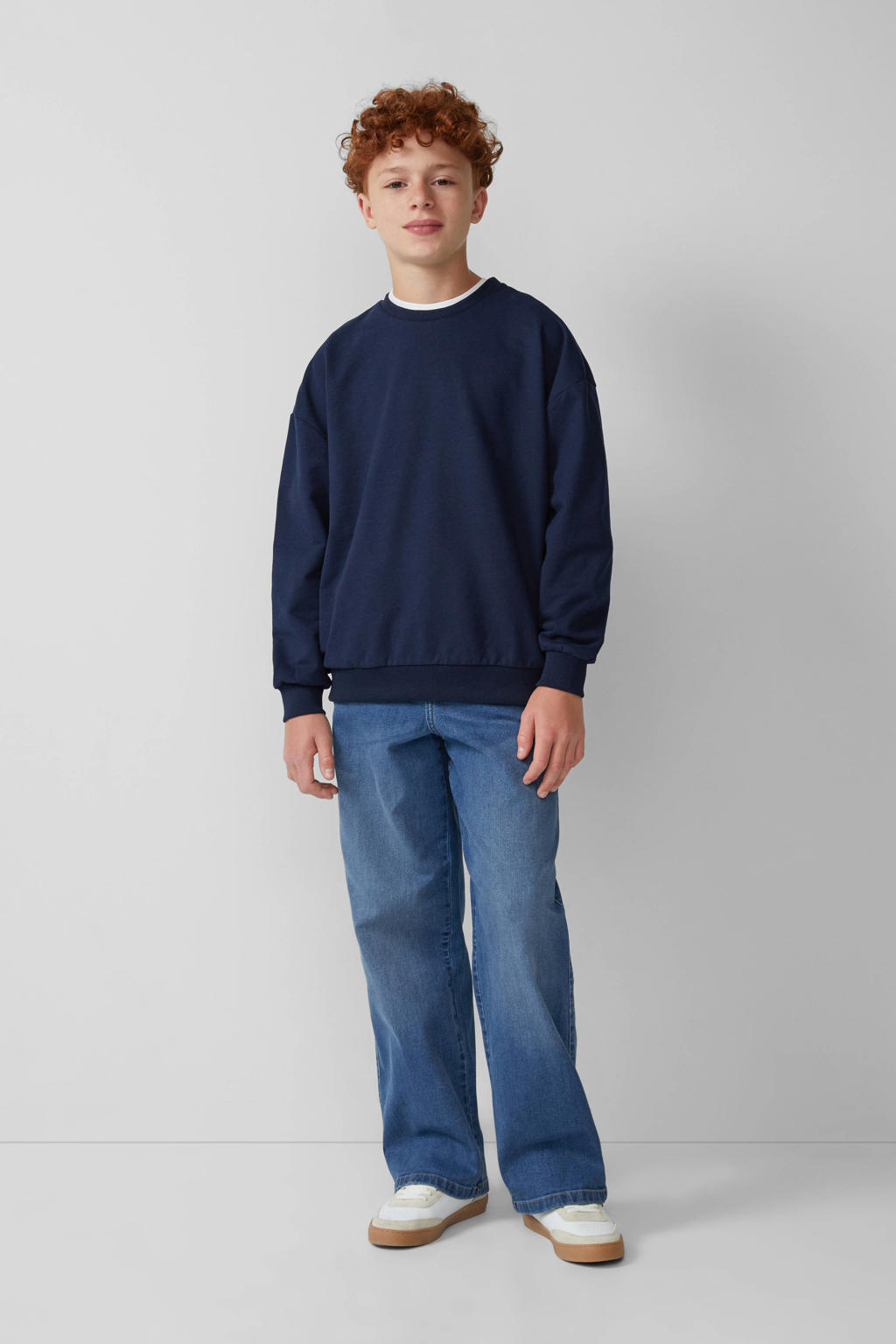 Donkerblauwe jongens s.Oliver sweater met effen, lange mouwen en ronde hals