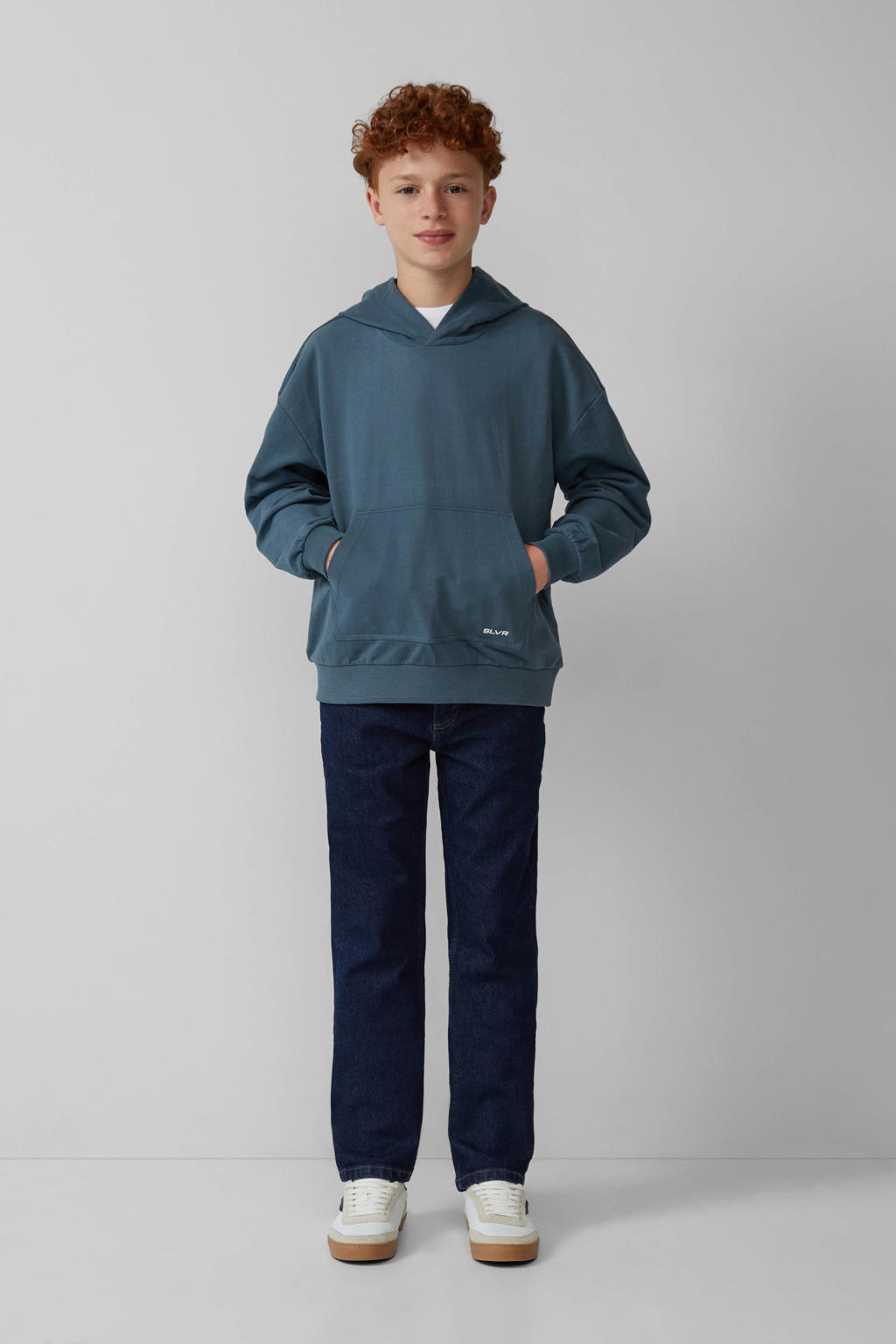 Blauwe jongens s.Oliver sweater met effen, lange mouwen en capuchon