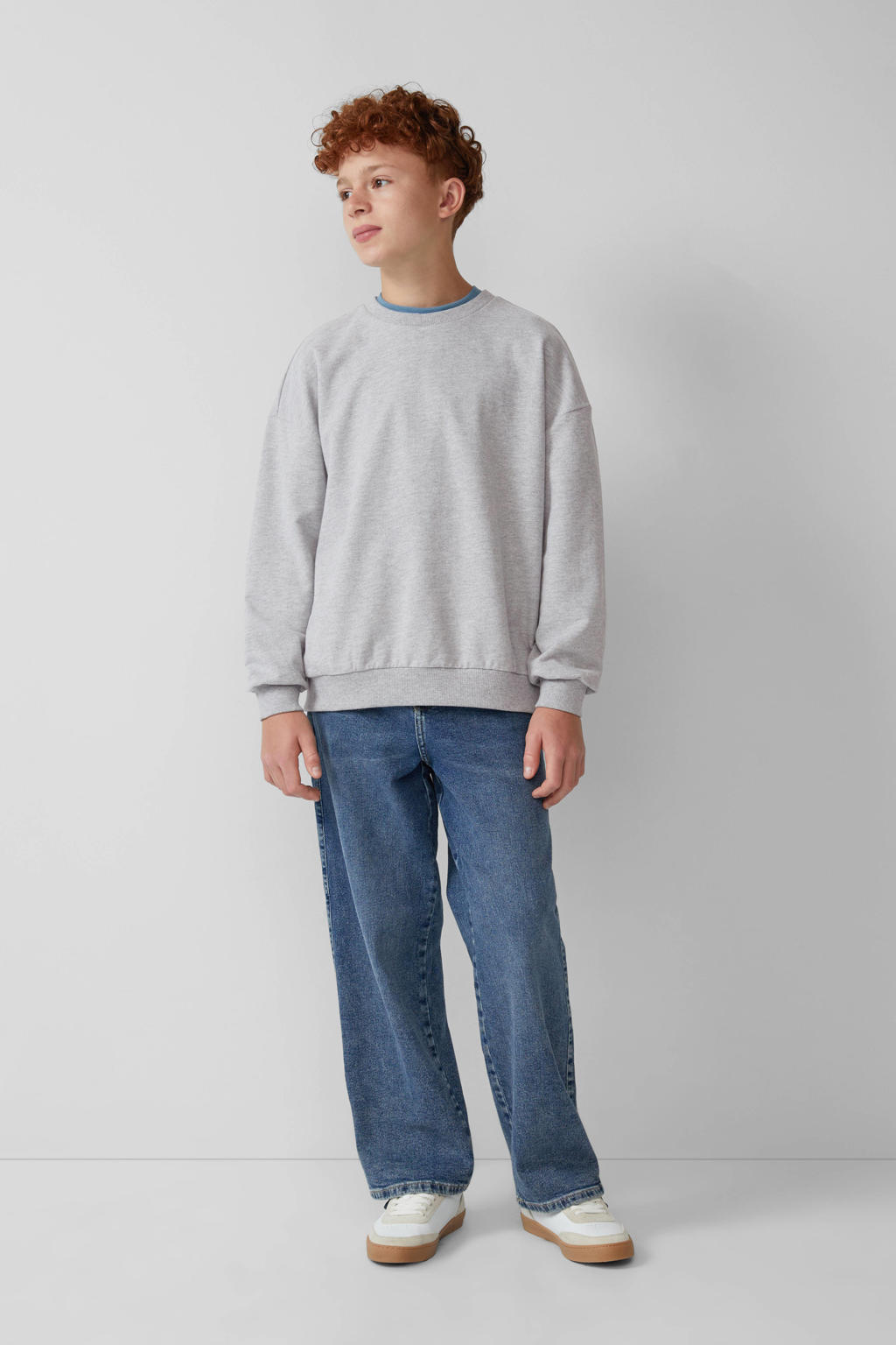 Lichtgrijze jongens s.Oliver sweater met effen, lange mouwen en ronde hals