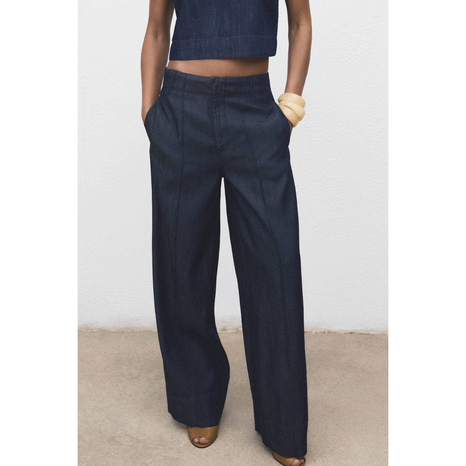 Mango straight high waist broek donkerblauw