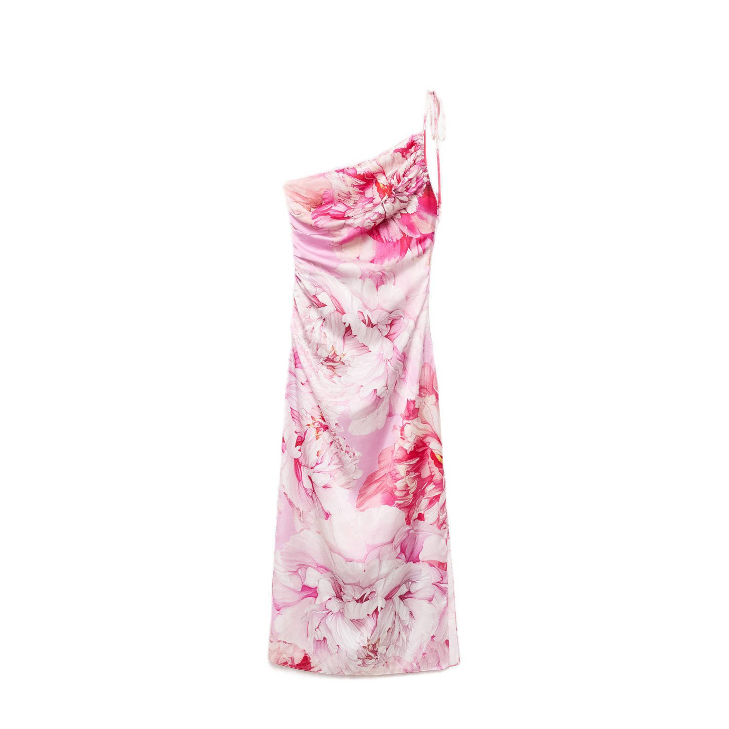 Mango satijnen one shoulder jurk lichtroze