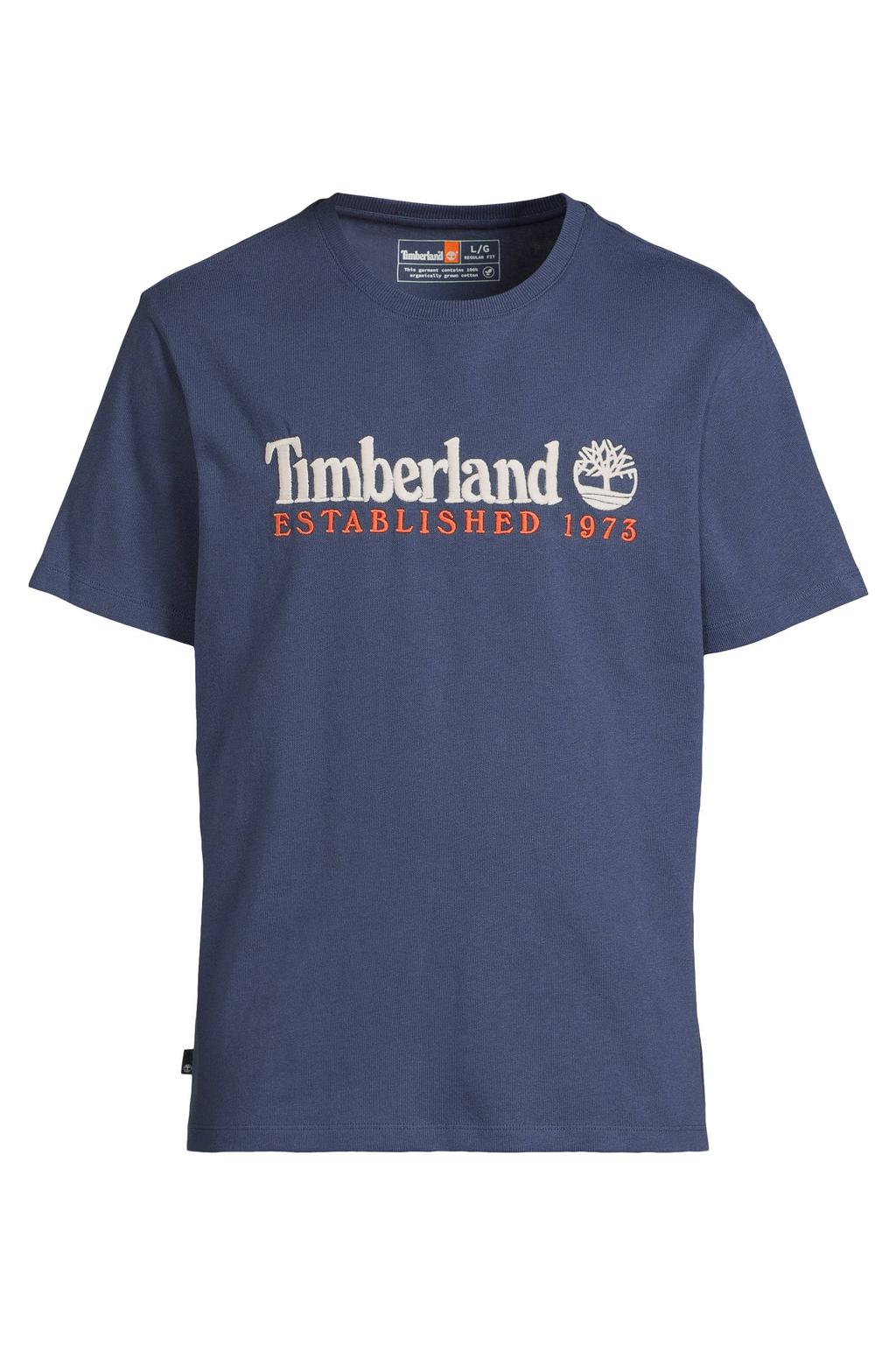 Donkerblauwe heren Timberland T-shirt van katoen met logo dessin, korte mouwen en ronde hals