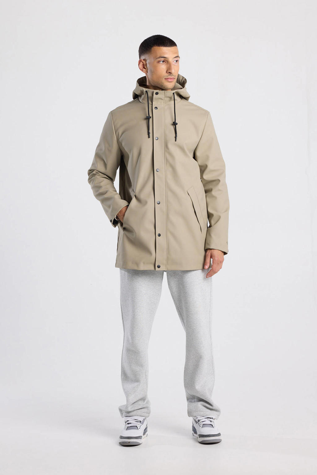 Bruine heren America Today regenjas van polyester met effen, capuchon en rits- en knoopsluiting