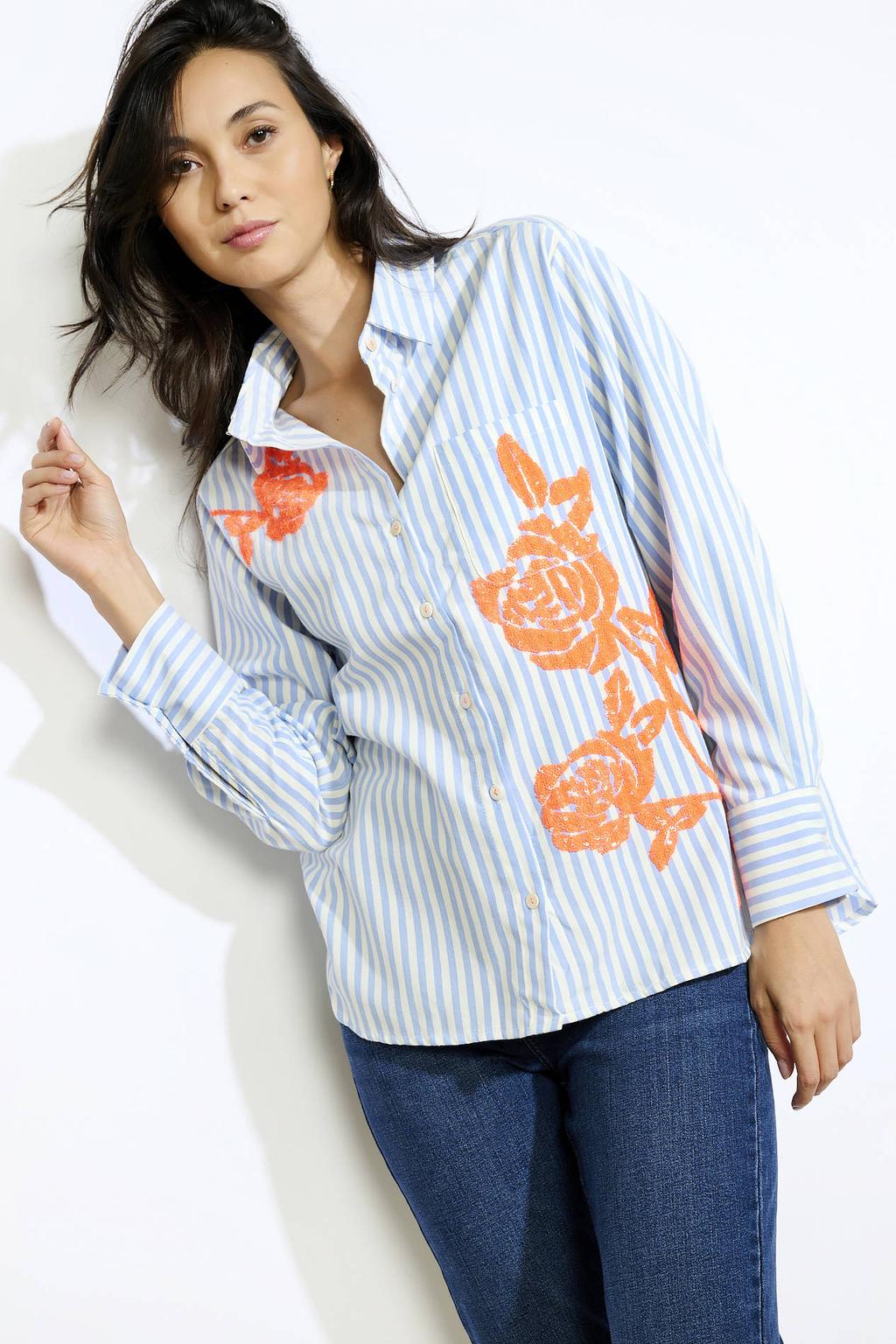 Blauwe dames LOLALIZA blouse van katoen met strepenprint, lange mouwen, klassieke kraag en knoopsluiting
