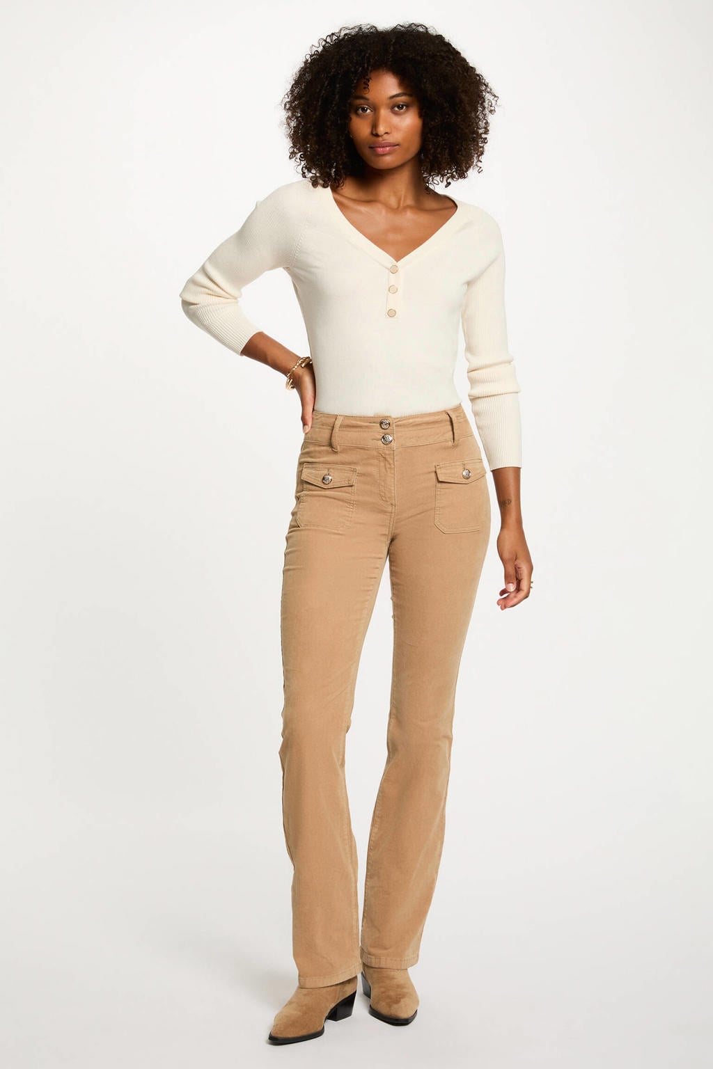 Beige dames Morgan flared regular waist broek van stretchkatoen met rits- en knoopsluiting en effen