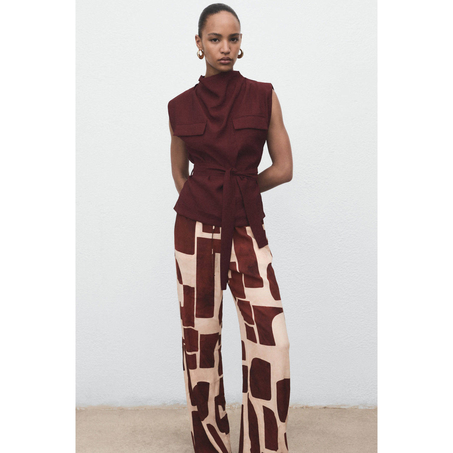 Mango wide leg regular waist broek brique