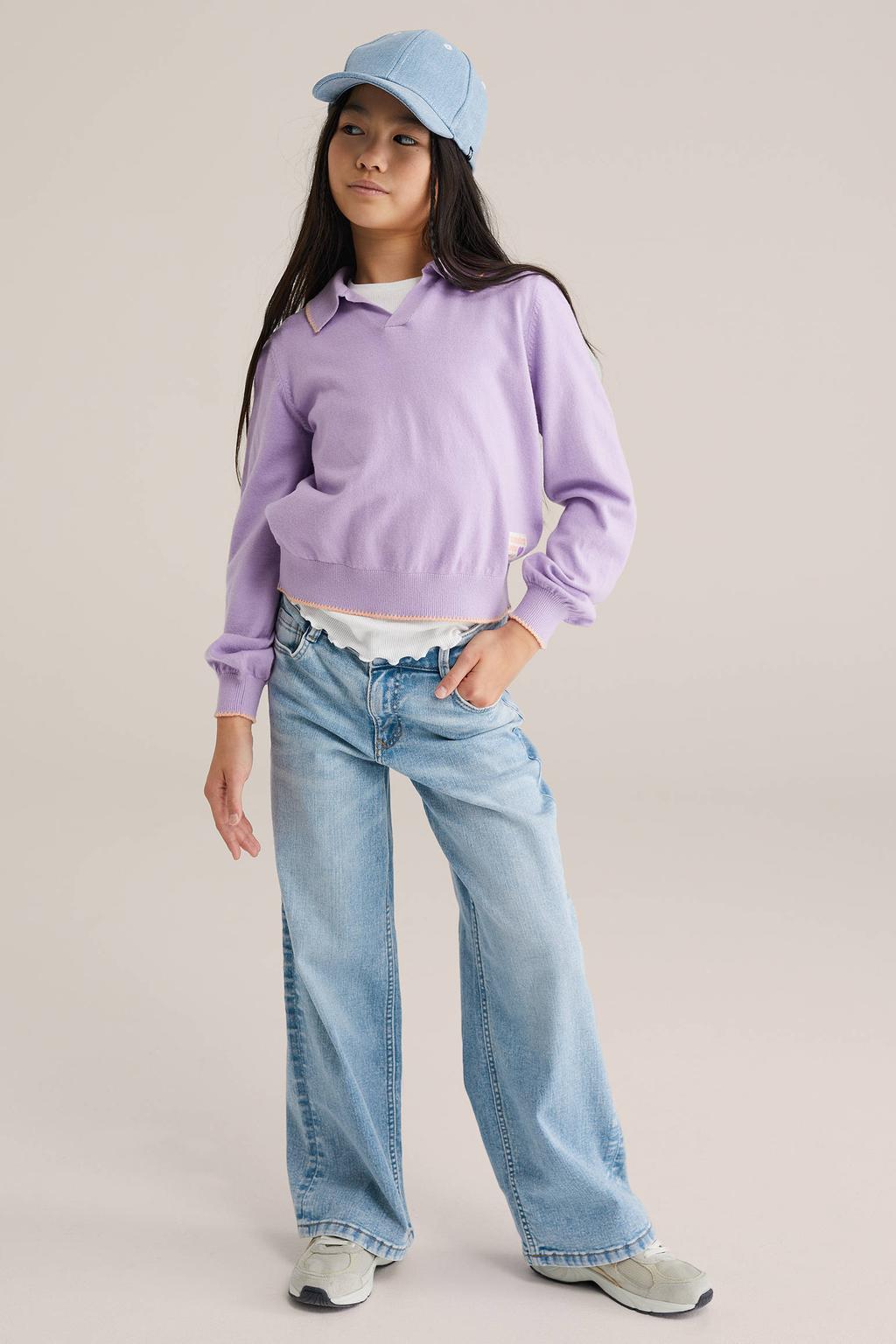 Light blue denim meisjes WE Fashion Blue Ridge relaxed straight leg jeans van stretchdenim met rits- en knoopsluiting en effen