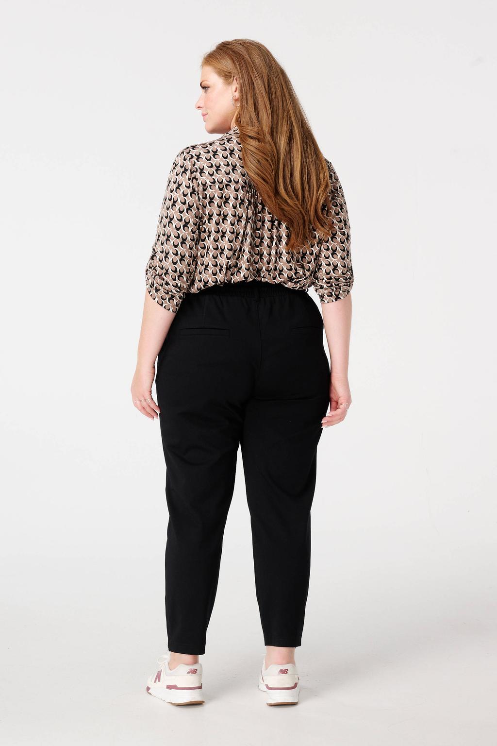 Zwarte dames MS Mode slim regular waist broek van viscose met elastische tailleband met koord en effen