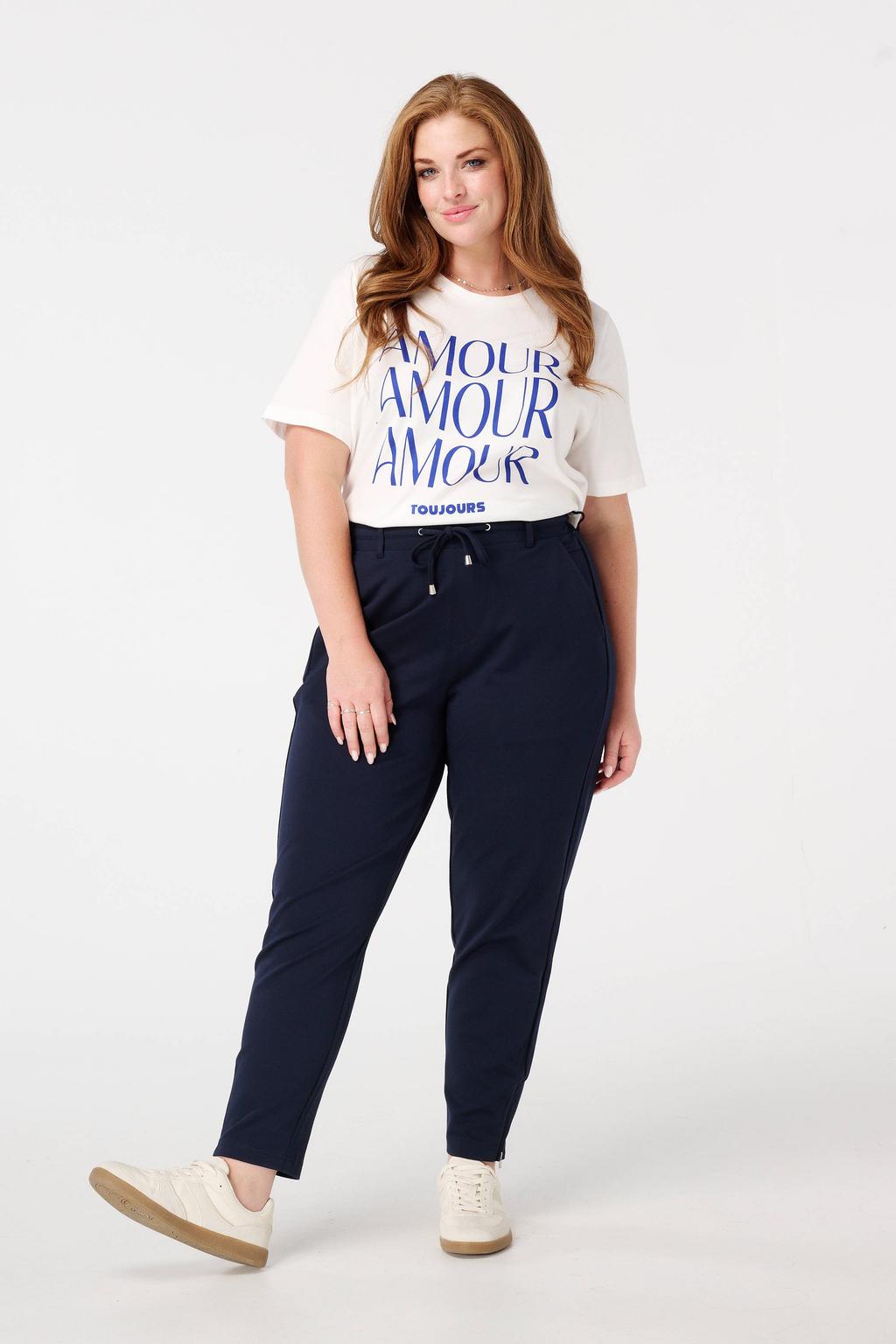 Donkerblauwe dames MS Mode slim regular waist broek van viscose met elastische tailleband met koord en effen