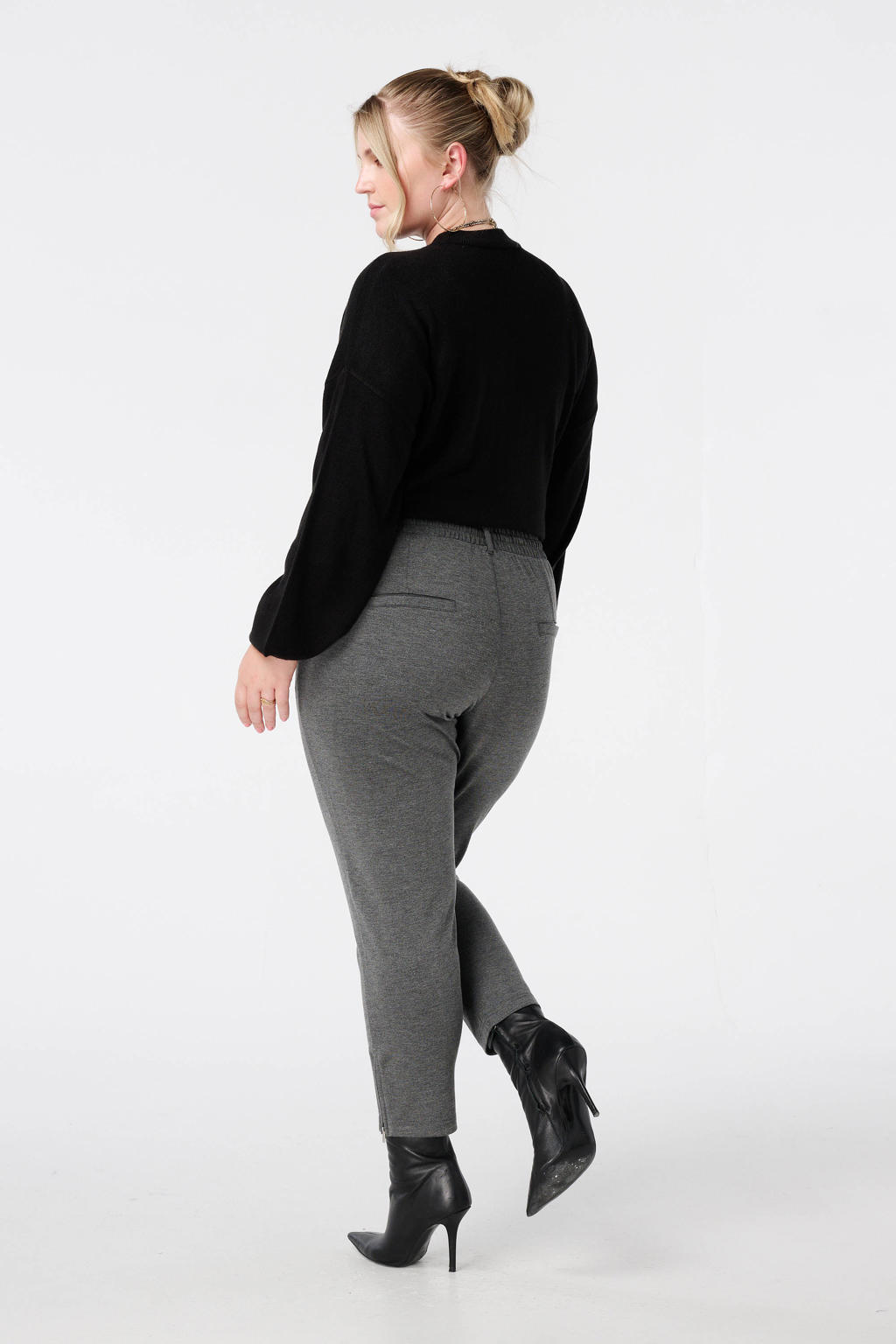 Grijze dames MS Mode slim regular waist broek van viscose met elastische tailleband met koord en effen