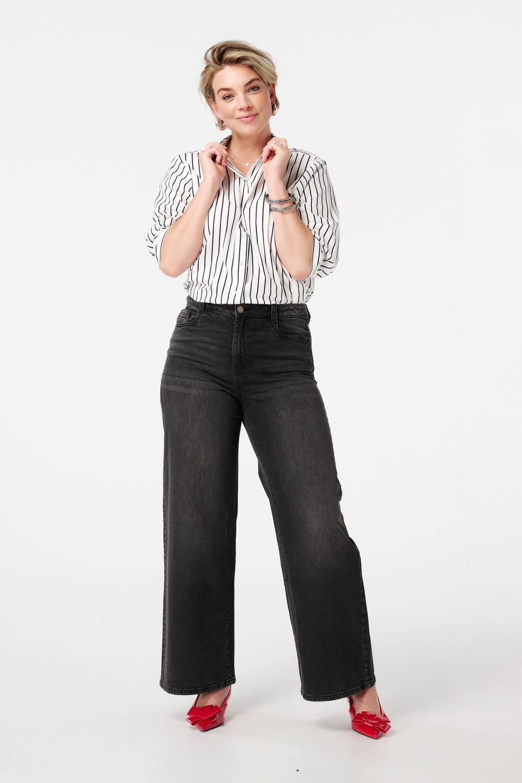 Zwarte dames MS Mode wide leg jeans van denim met rits- en knoopsluiting en effen