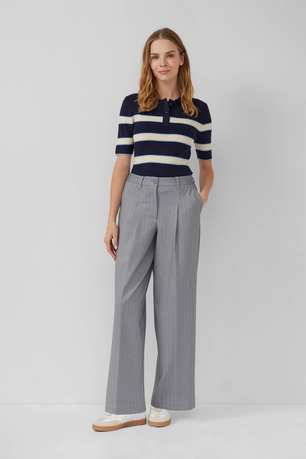 Grijze dames s.Oliver wide leg high waist pantalon met rits- en knoopsluiting en krijtstreepprint