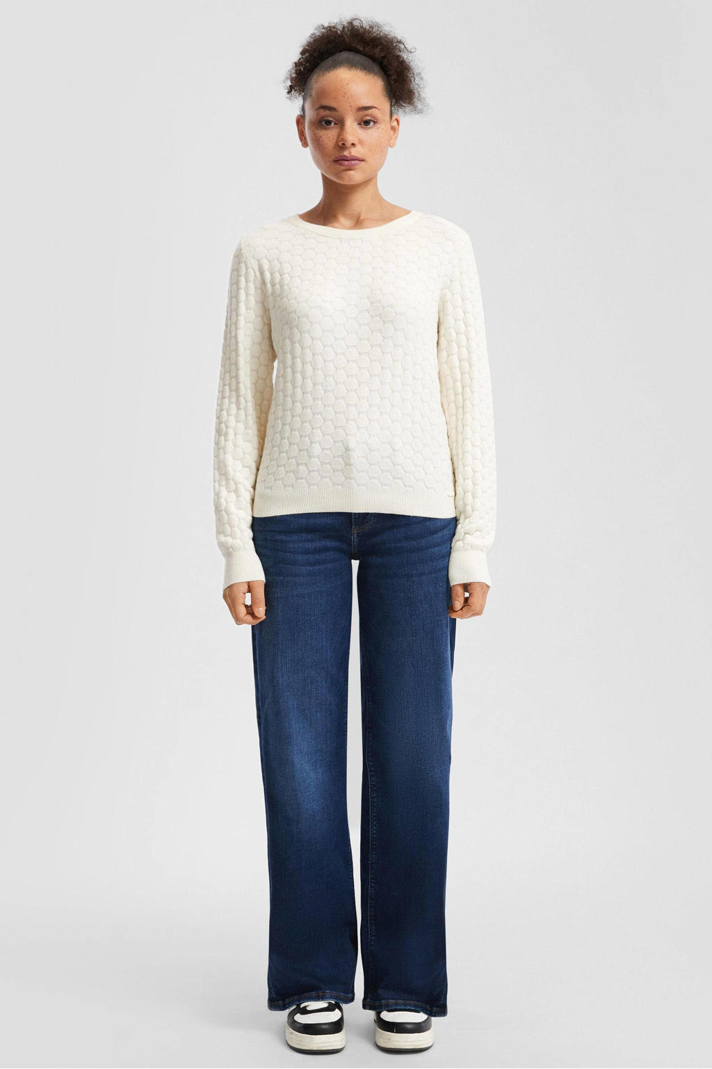 Witte dames QS pullover gebreid van viscose met effen, lange mouwen en ronde hals