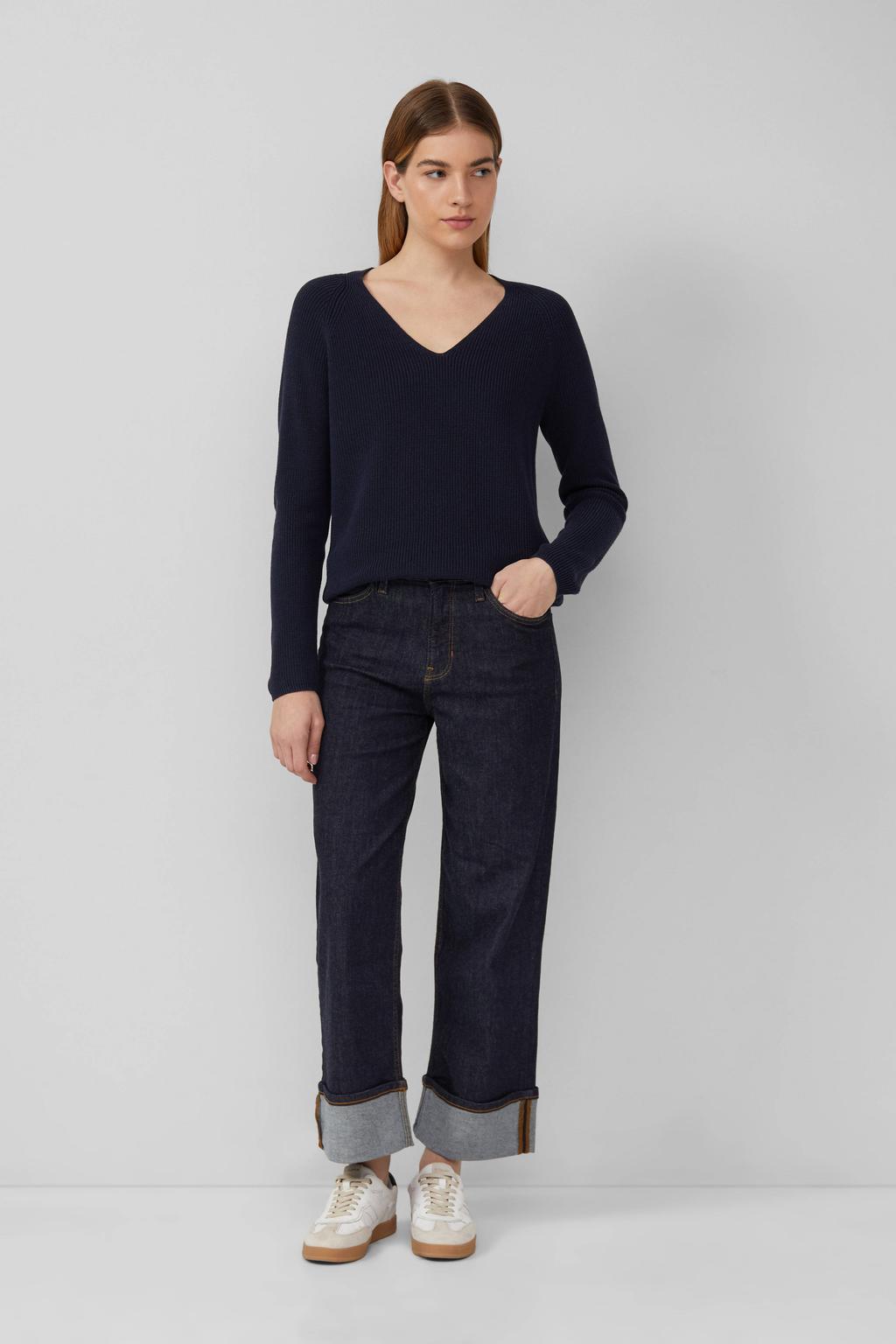 Marineblauw dames s.Oliver trui grof gebreid van katoen met effen, lange mouwen en V-hals