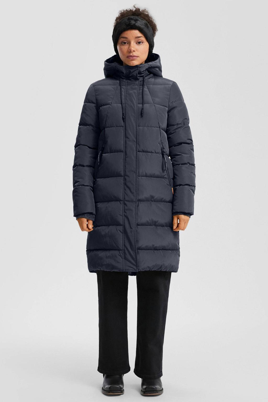 Donkerblauwe dames QS gewatteerde jas van polyester met effen, lange mouwen, capuchon en doorgestikte details