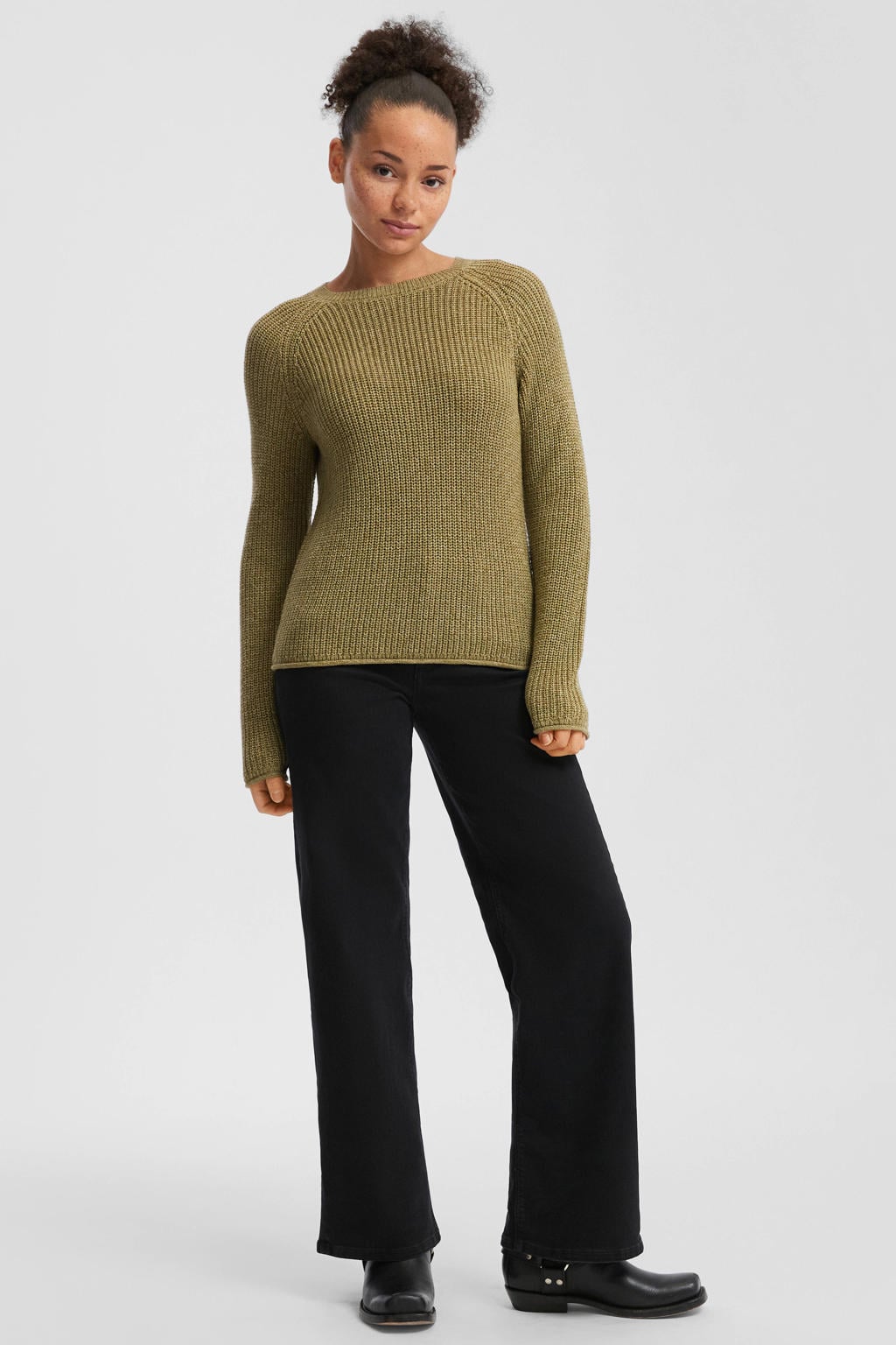 Olijfgroene dames QS trui grof gebreid van acryl met effen en lange mouwen