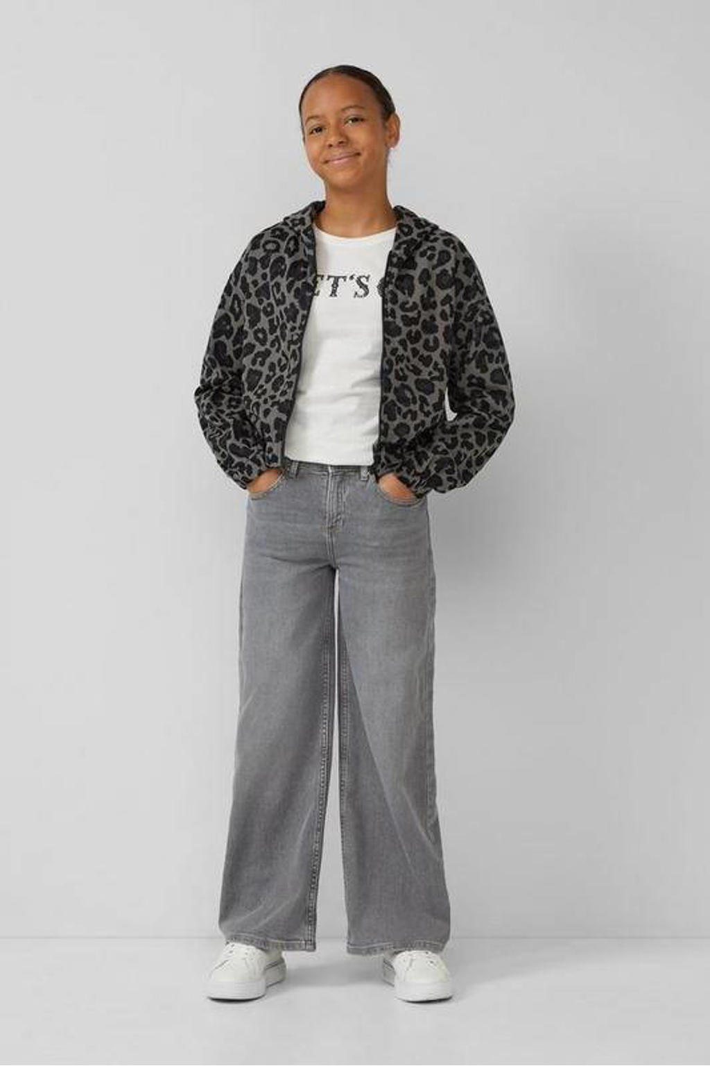 Grey denim meisjes s.Oliver high waist wide leg jeans van denim met slim fit, rits- en knoopsluiting en effen