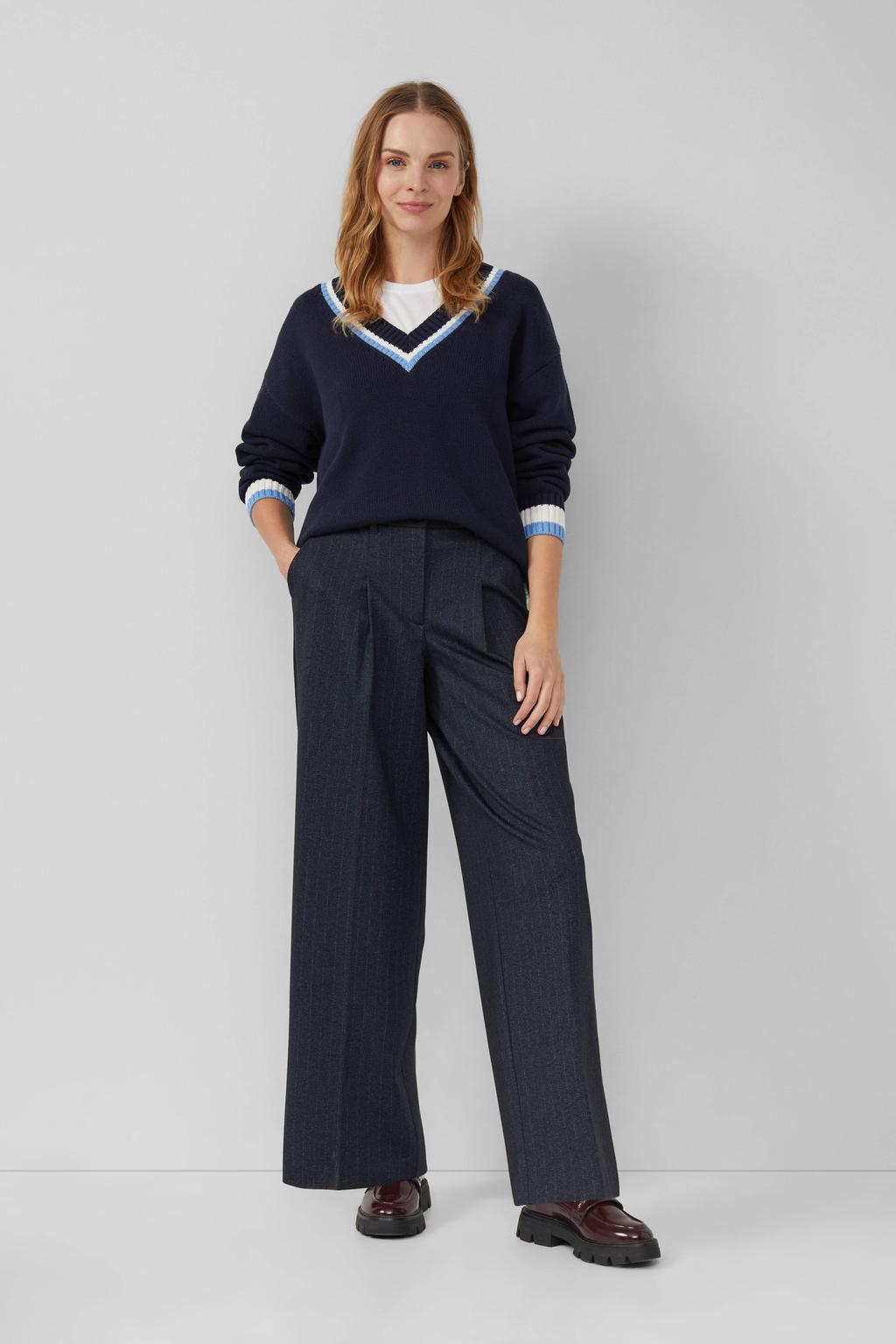 Blauwe dames s.Oliver wide leg high waist pantalon met rits- en knoopsluiting en krijtstreepprint