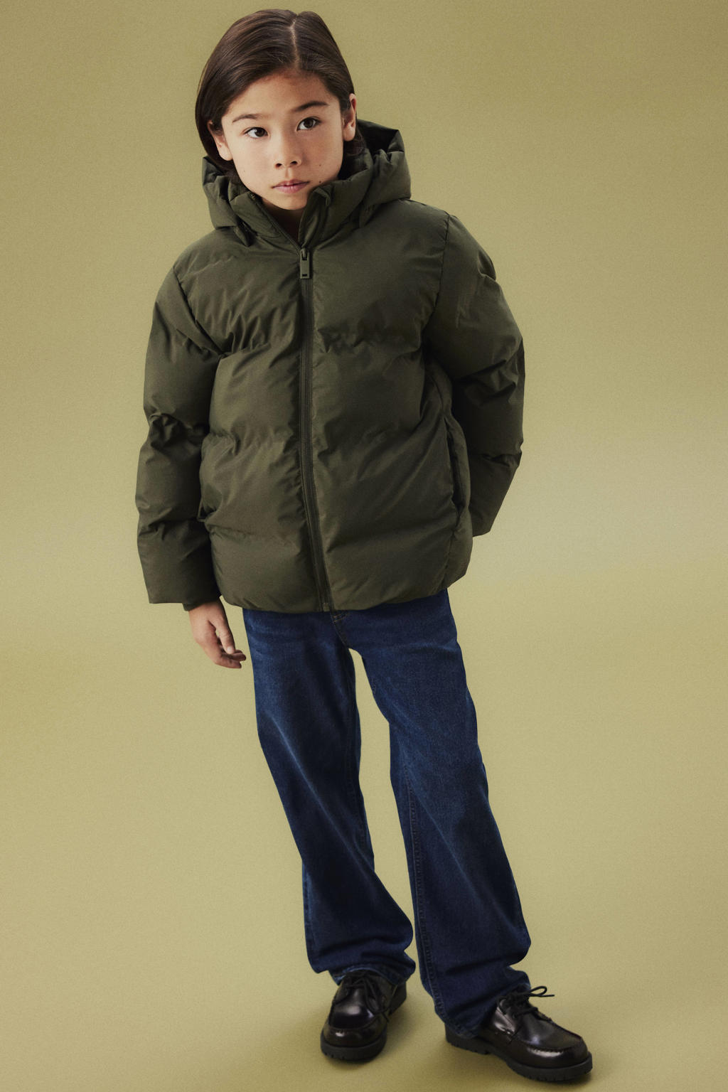 Groene jongens en meisjes NAME IT KIDS gewatteerde jas van polyester met effen, lange mouwen, capuchon, ritssluiting en reflecterende details