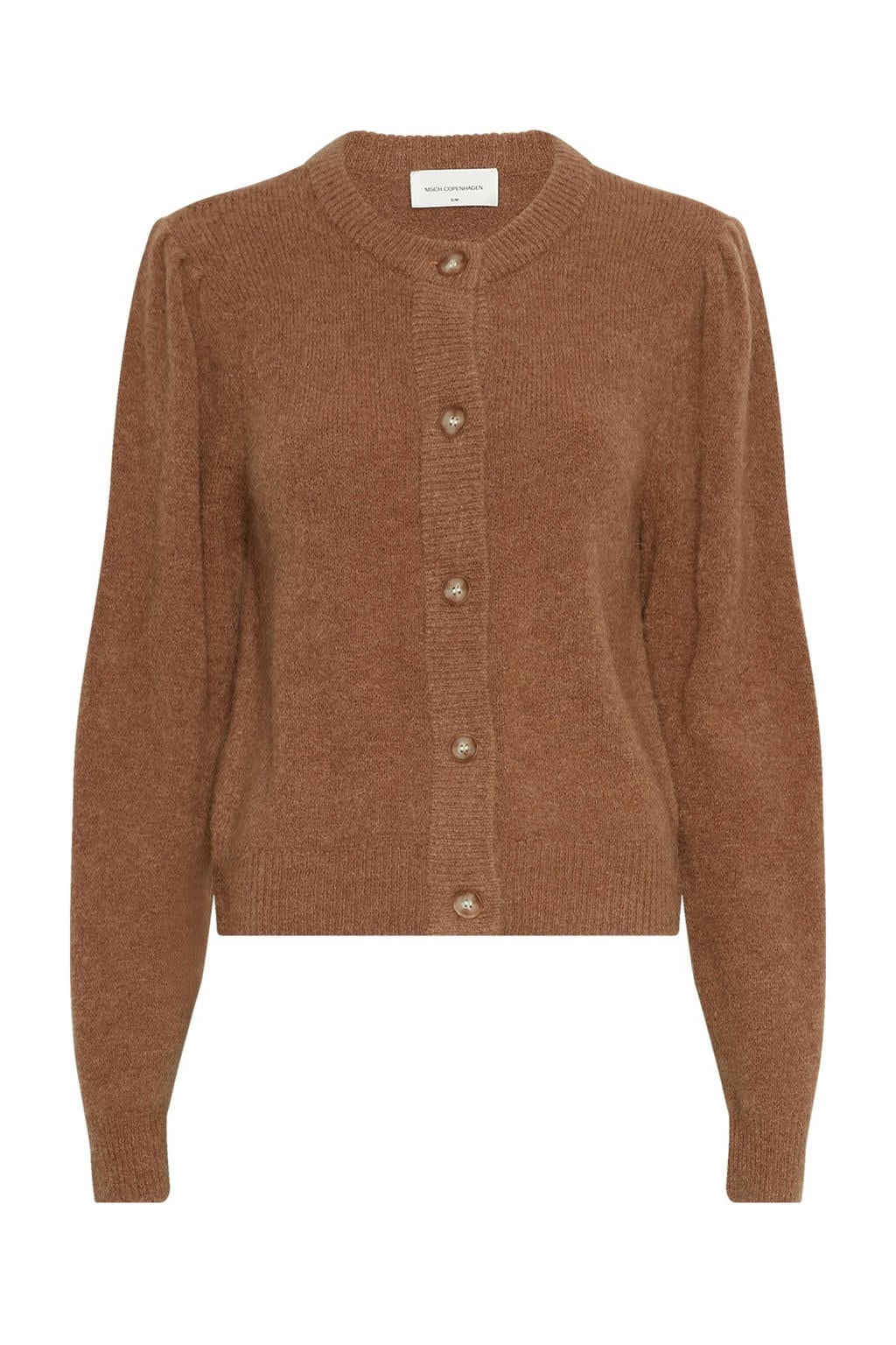 Bruine dames MSCH Copenhagen gebreid vest van polyamide met effen, lange mouwen, ronde hals en knoopsluiting
