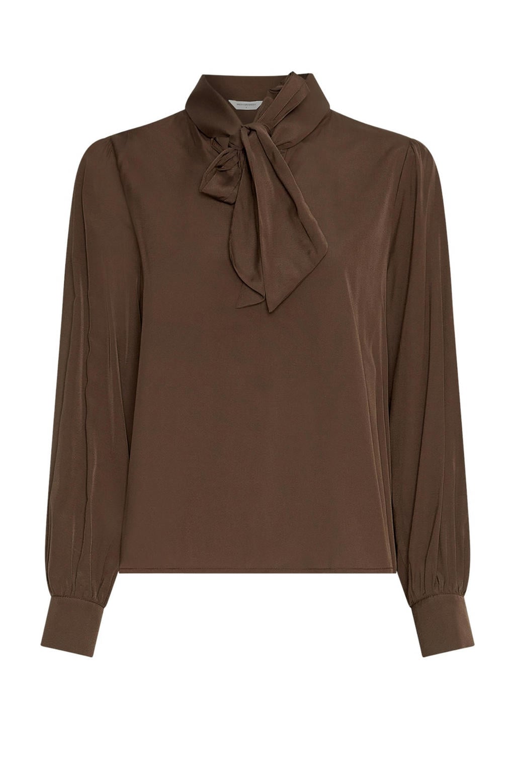 Bruine dames MSCH Copenhagen blousetop van polyester met effen, lange mouwen en strikkraag