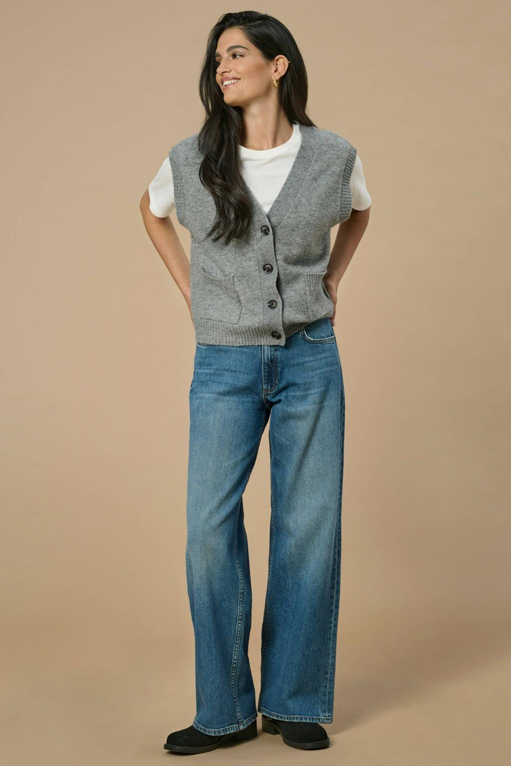Medium blue denim dames JDY wide leg jeans van denim met rits- en knoopsluiting en effen