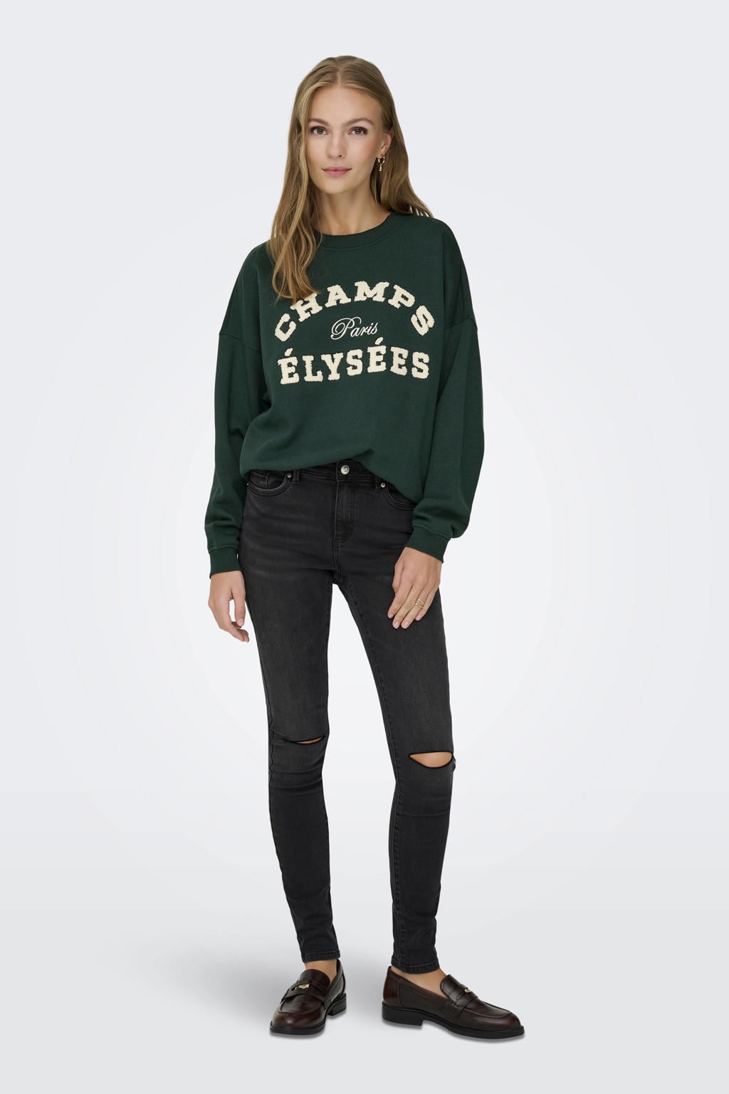 Donkergroen en witte dames JDY sweater met tekst print, lange mouwen, ronde hals en borduursels