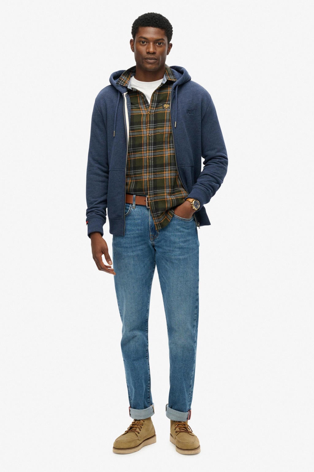 Donkerblauwe heren Superdry sweatvest met effen, lange mouwen, capuchon en ritssluiting