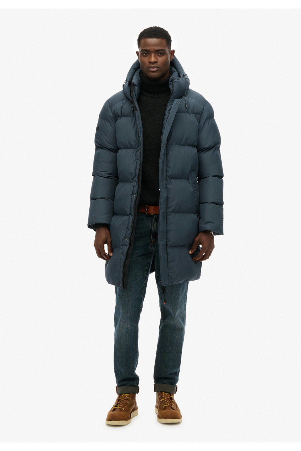 Petrolkleurige heren Superdry gewatteerde jas van polyester met effen, lange mouwen, capuchon, rits- en drukknoopsluiting en doorgestikte details
