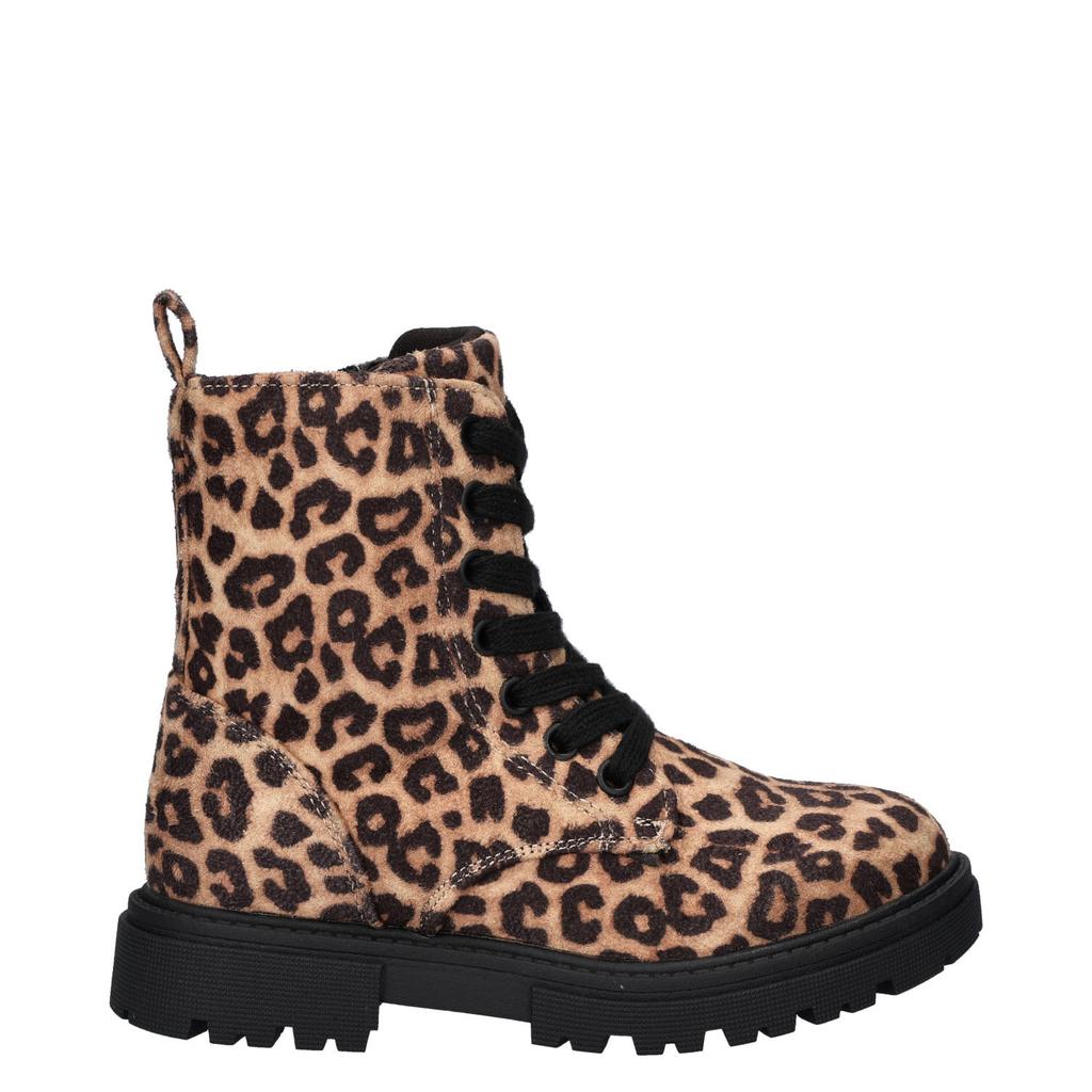 Cognac en zwarte meisjes Nelson Kids veterboots van imitatiesuède met rits- en vetersluiting en panterprint