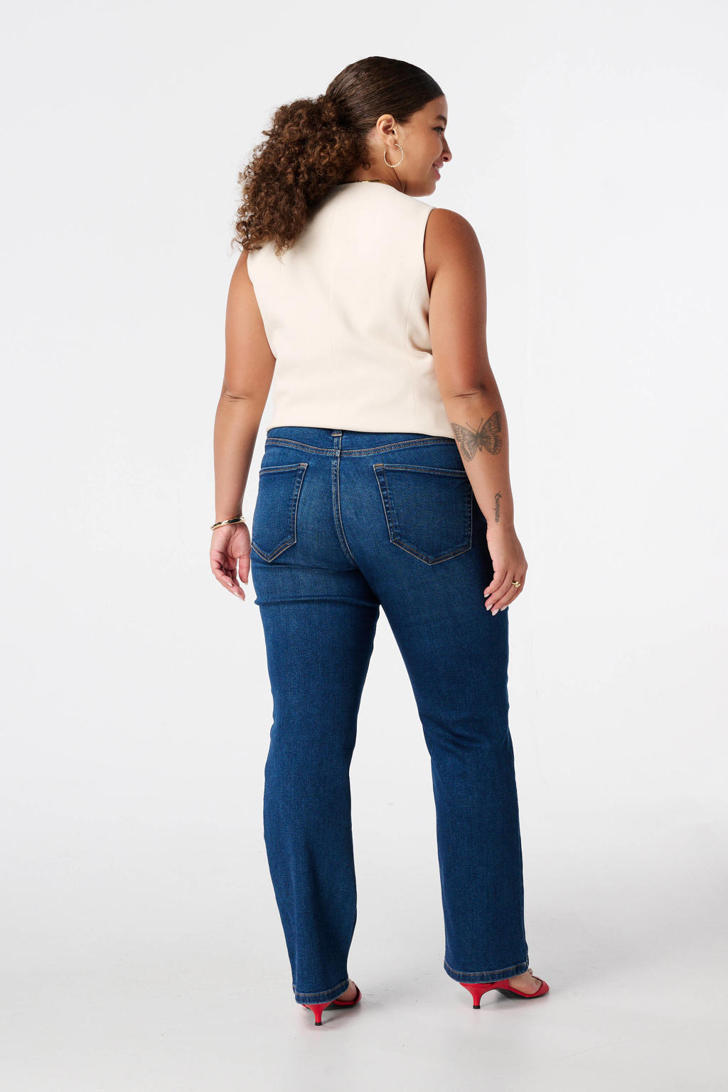 Dark blue denim dames MS Mode straight leg jeans dark blue van denim met rits- en knoopsluiting en effen